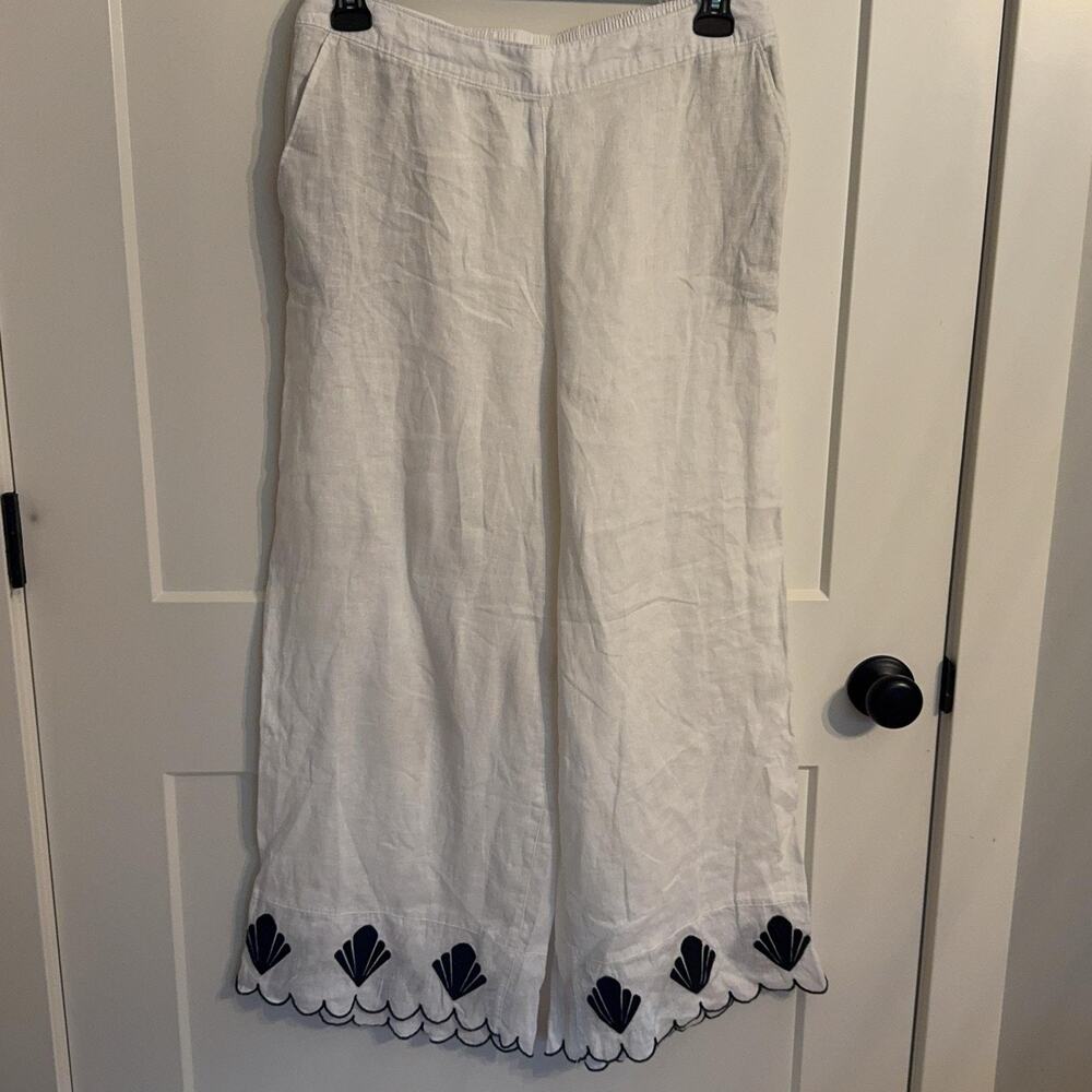 Calypso St. Barth Linen Dress Pants Sz L White Embroidered Scallop Hem Beach